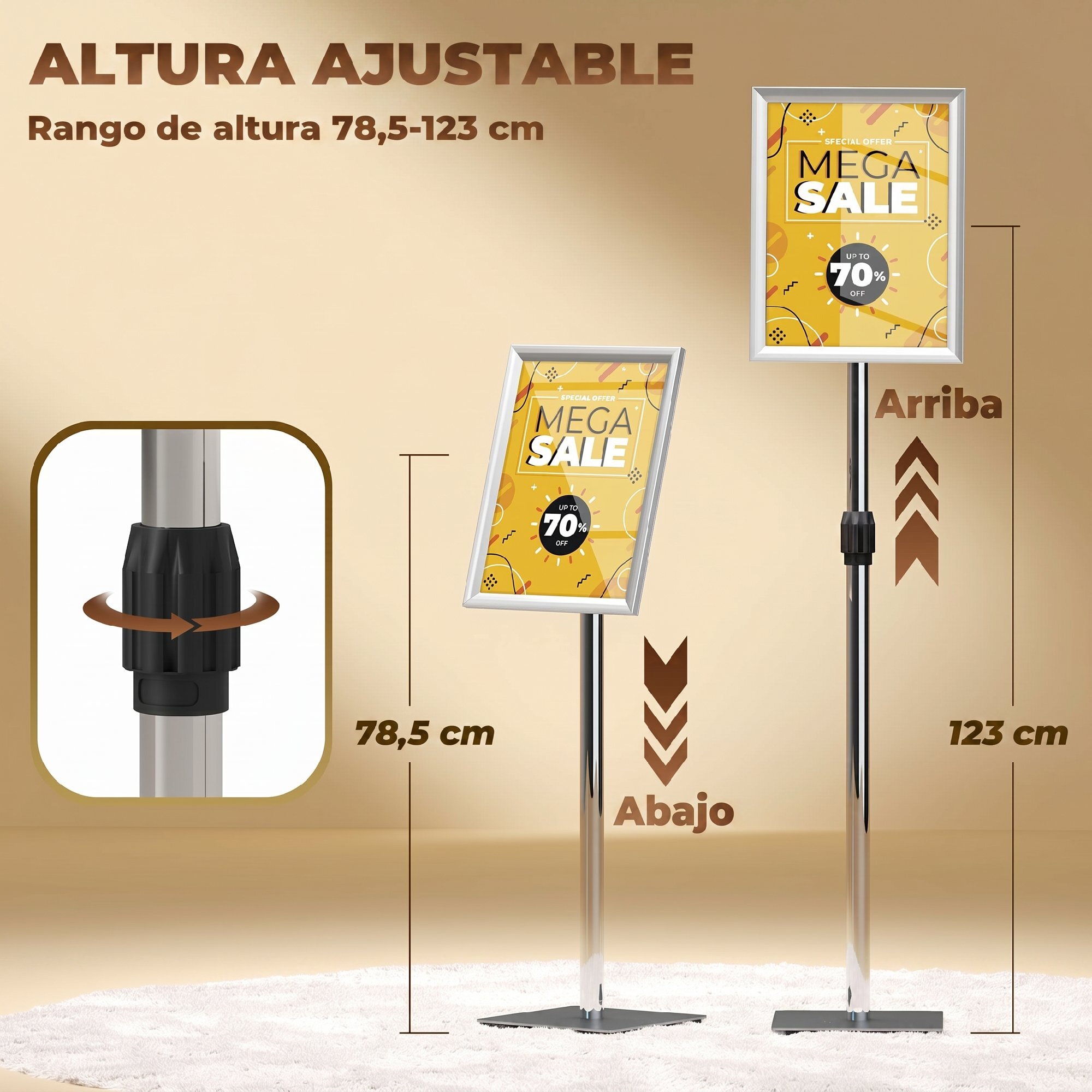 Soporte para Carteles A3, Soporte de Pantalla Altura Ajustable, Giratorio 360°, Marco de Aluminio y Acero Inoxidable, para Menú, Cartel Personalizado, Póster y Anuncio, Plata
