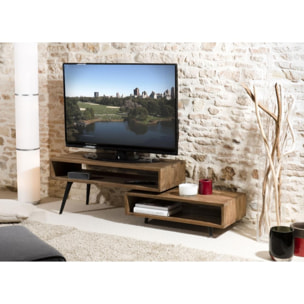 ALIDA - Meuble TV rotatif marron scandi teck recyclé pieds noirs