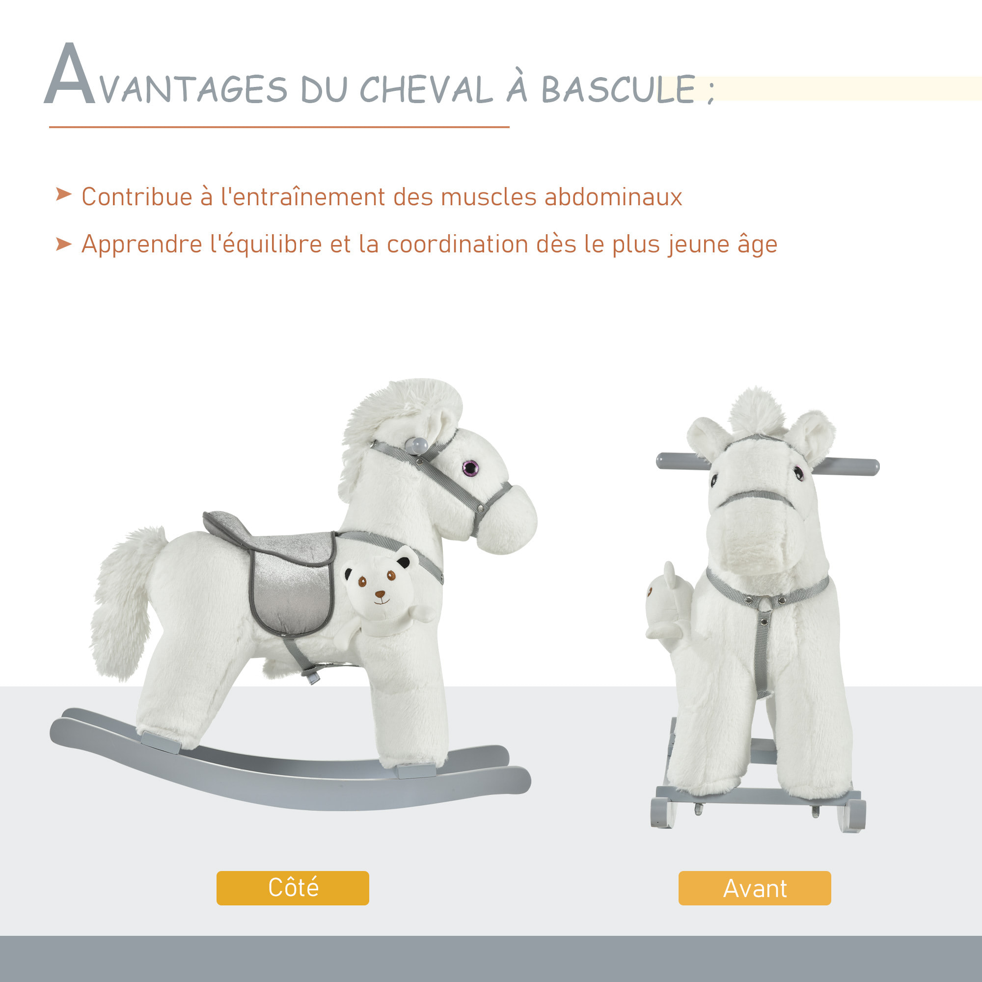 Cheval à bascule - effets sonores, peluche ourson inclus - poignées structure bois peuplier gris peluche courte douce blanc