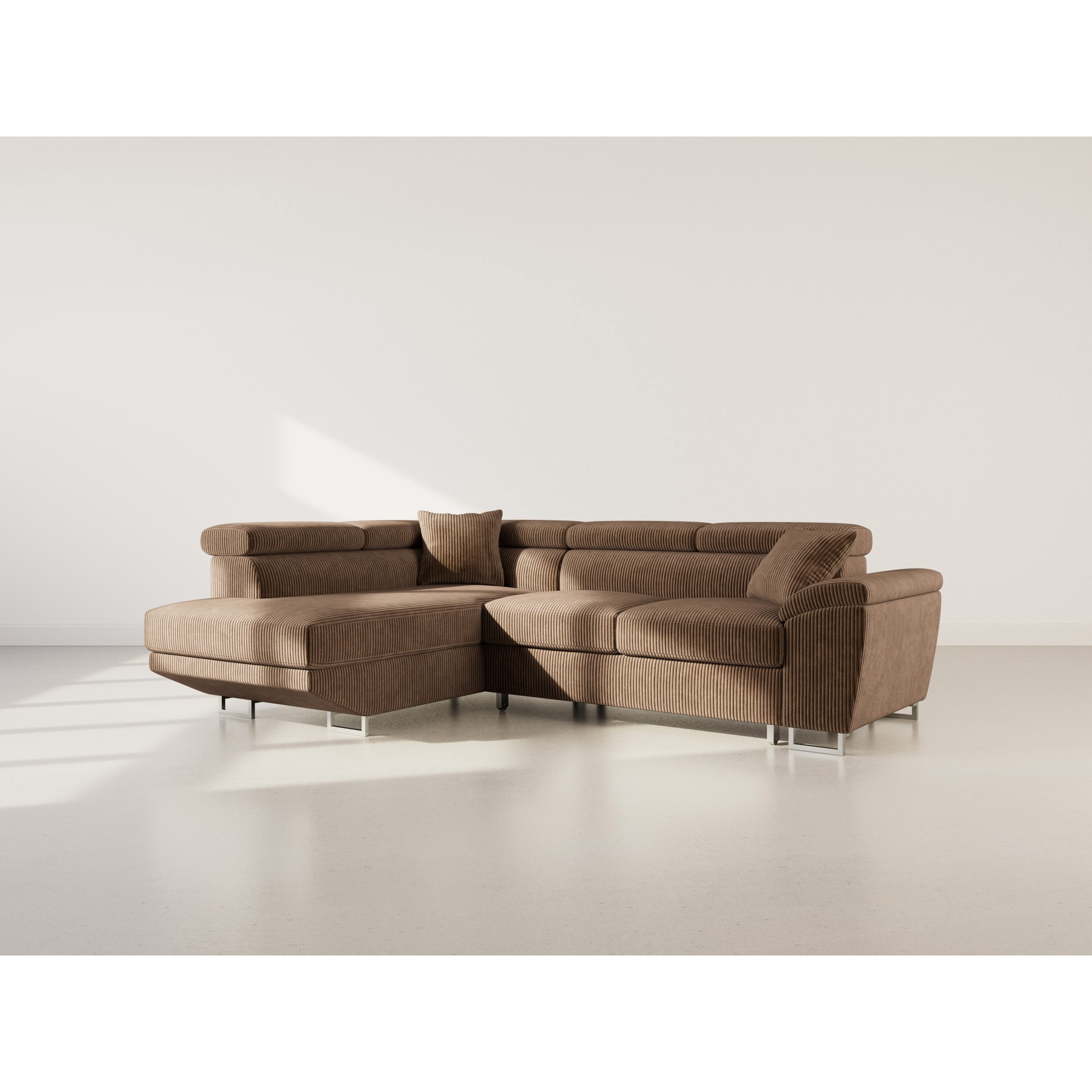 Baoji - Canapé d'angle gauche 5 places convertible avec têtières et coffre en velours côtelé - Marron