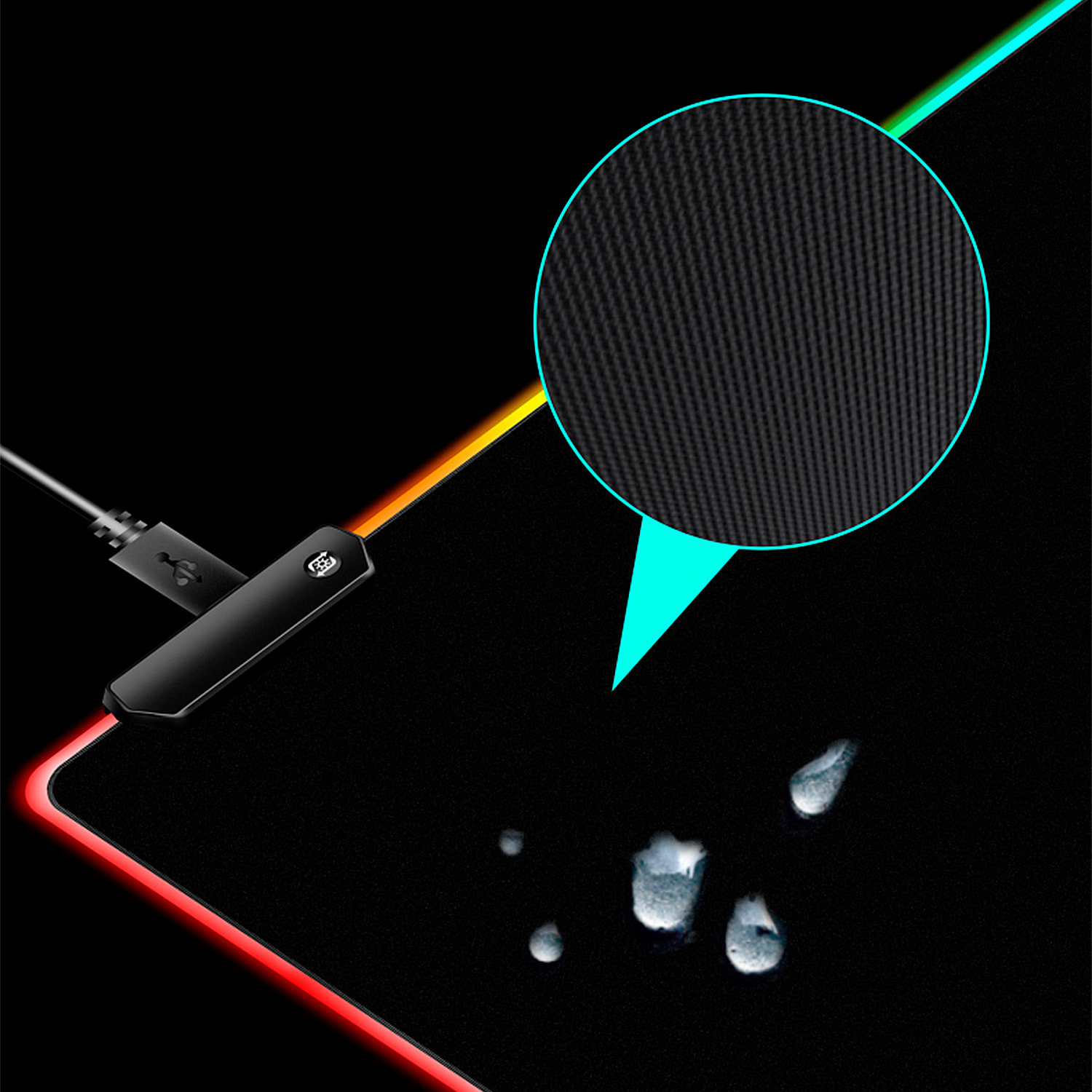 Alfombrilla gaming XXL con iluminación RGB, superficie antideslizante y conexión USB, ideal para teclado y ratón.