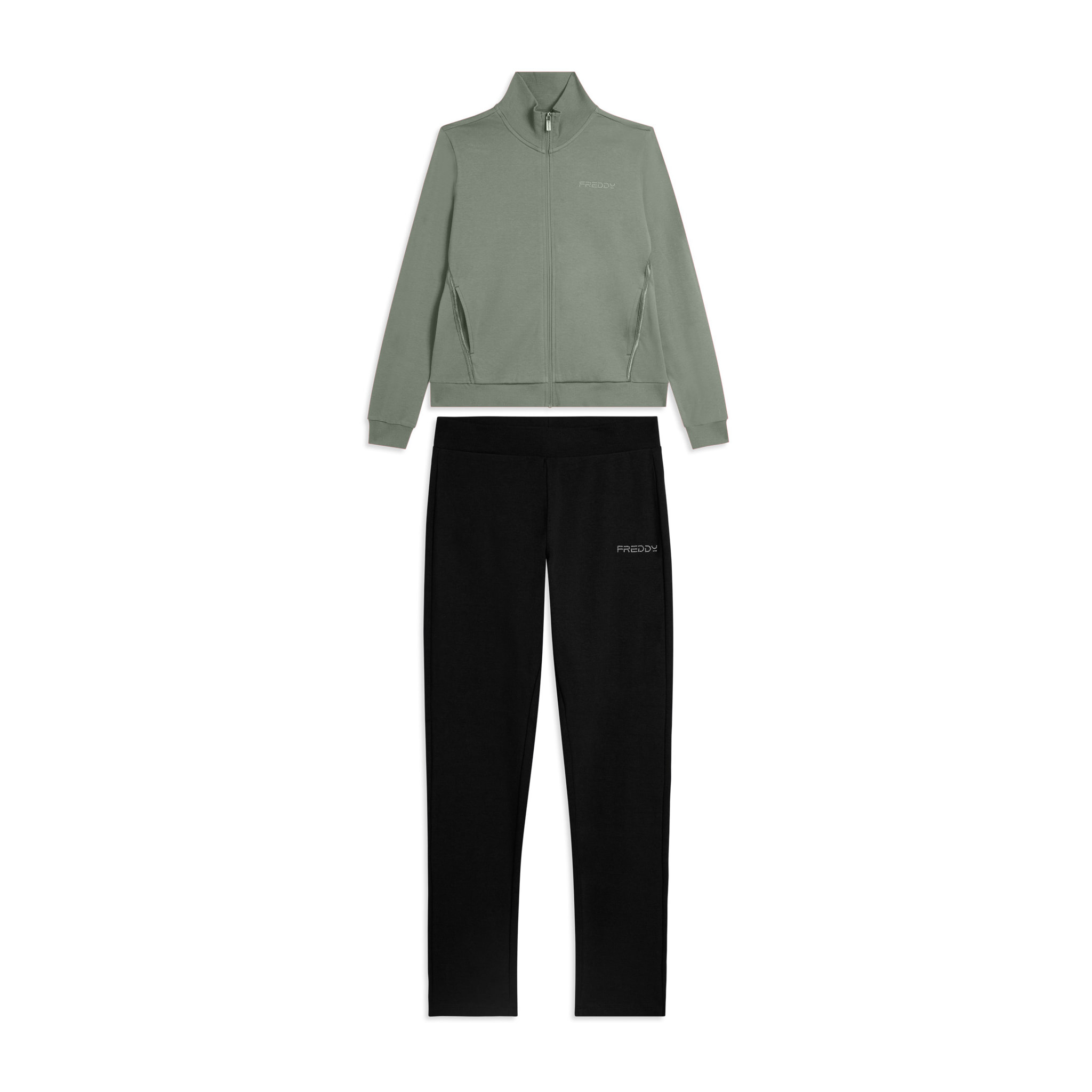 Tuta con zip e collo alto, logo in perline