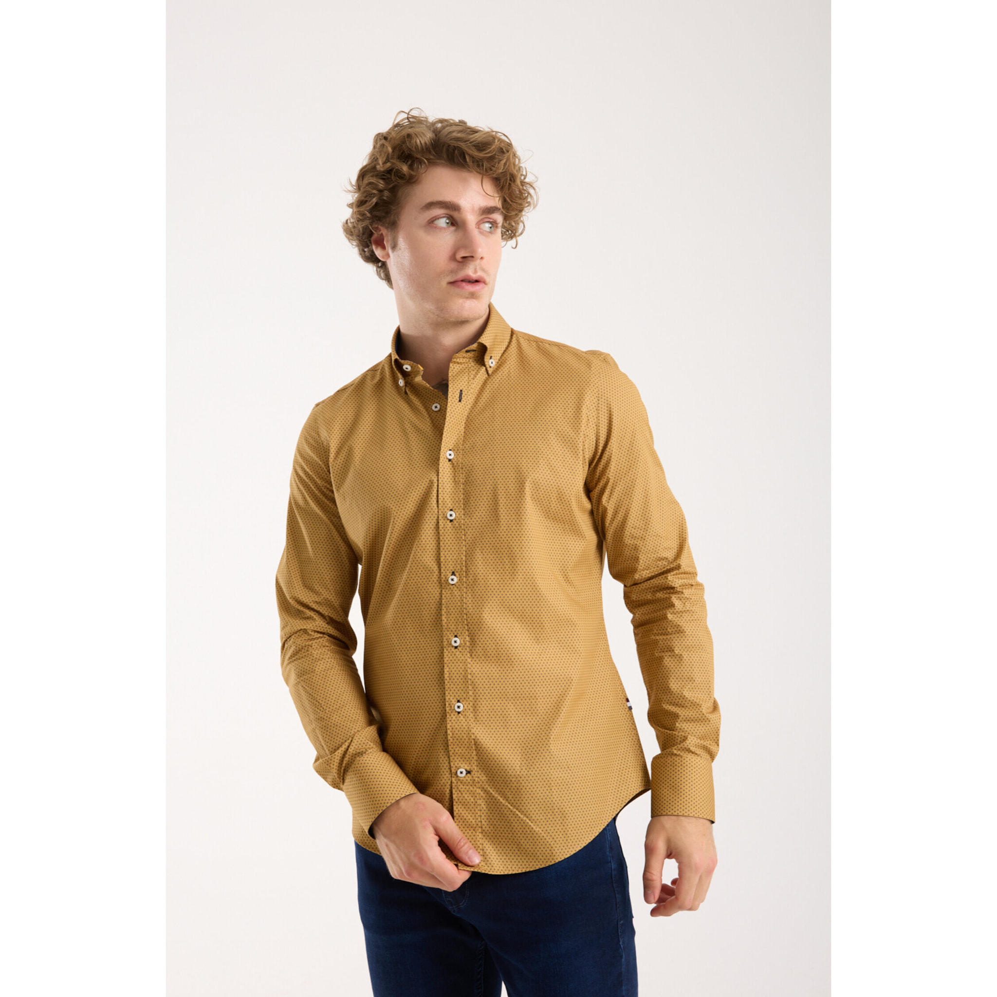 camicia uomo 1 bottone button down slim Cotone Stampato Fantasia Senape e Grigio Scuro