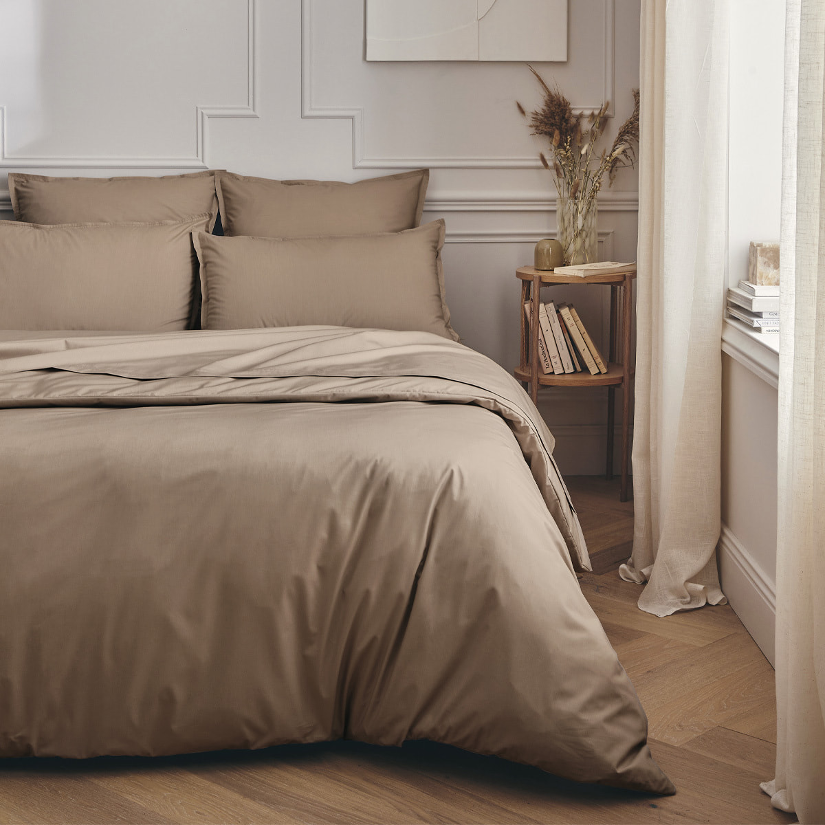 Drap plat uni en percale de coton, PREMIÈRE, Taupe