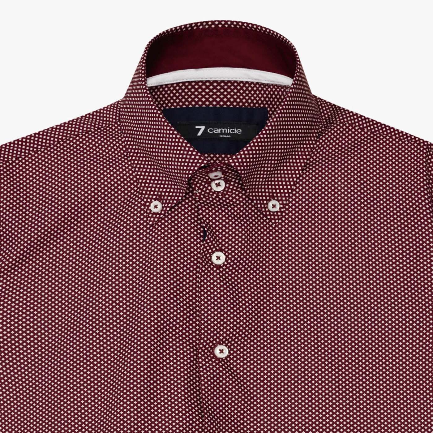 Camicia Uomo 2 Bottoni Button Down Slim Popeline Stampato Bordeaux e Panna