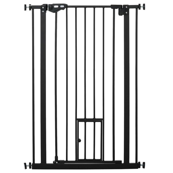 Barrière de sécurité animaux - longueur réglable dim. 74-80 cm - porte double verrouillage, ouverture double sens, petite porte -sans perçage - acier plastique noir