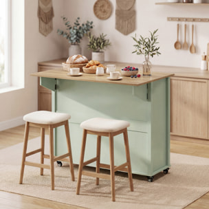 Isla de Cocina con Tablero Plegable y Ruedas, Mueble Auxiliar de Cocina con Especiero, Toallero, Armario, 2 Cajones, Estantes Abiertos, 117,5x70x91 cm, Verde Claro