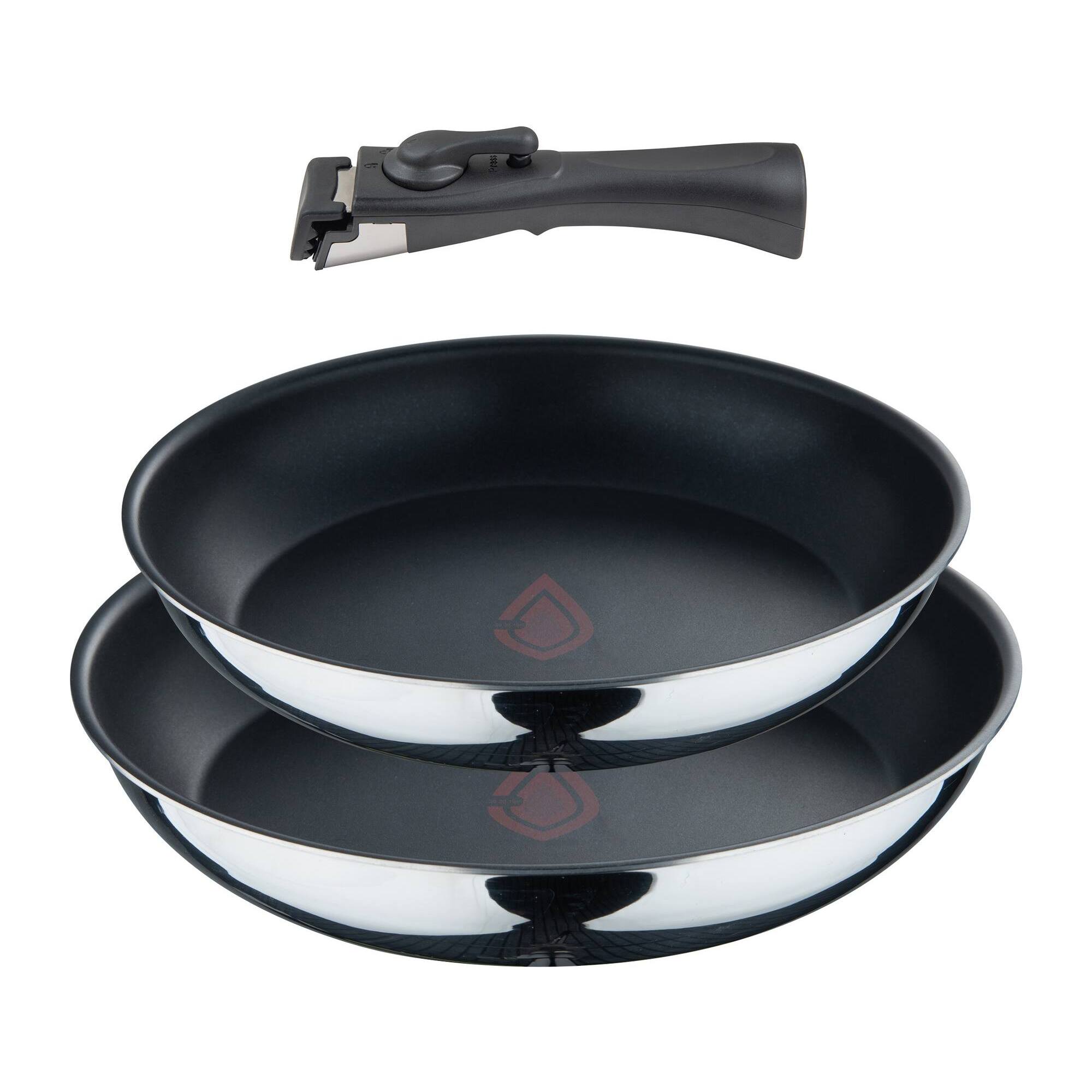 Set de 2 Sartenes Ø24Ø26cm revestimiento ILAG + 3 Cazos Ø16Ø18Ø20cm SIN revestimiento + 2 Mangos extraíbles - En acero inoxidable Click&Cook Bergner