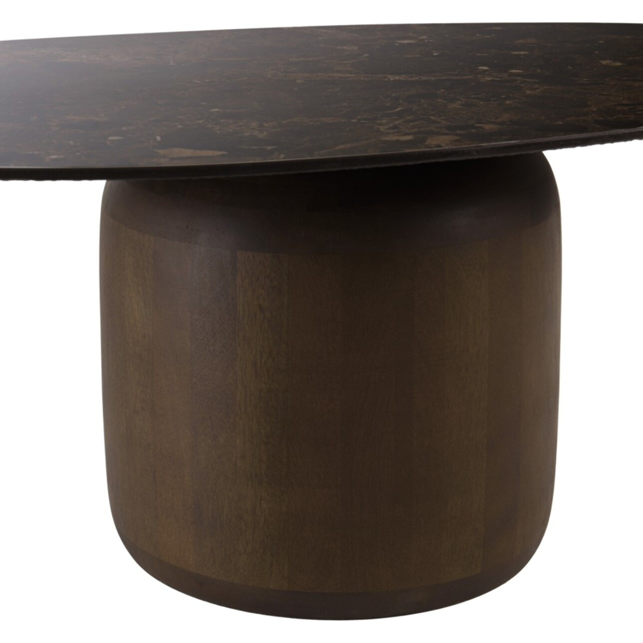 JAMES - Table basse ovoïde plateau céramique marron pied en manguier