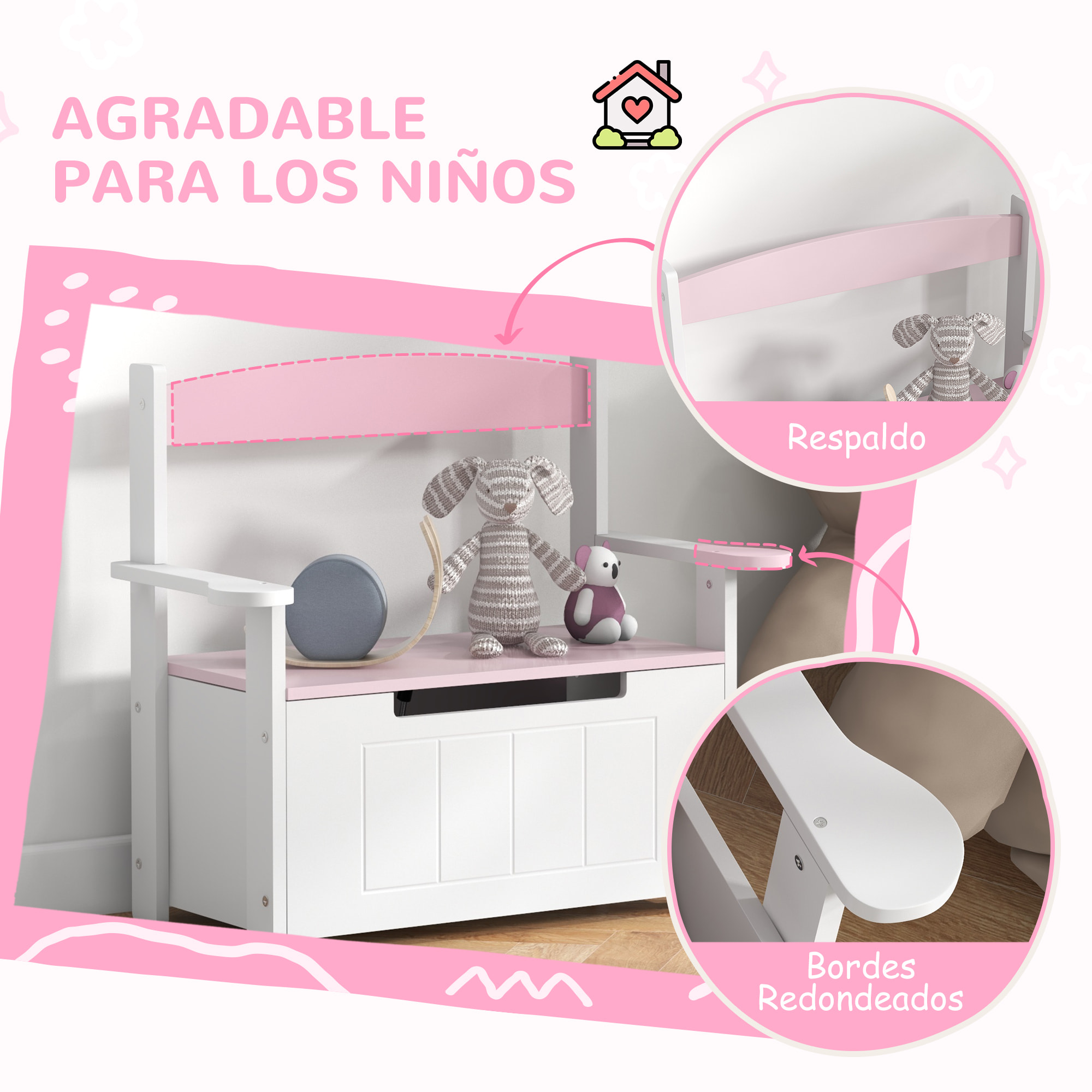 Baúl para Juguetes Infantil, Banco Almacenaje para Niños, con Respaldo y Tapa Amortiguadora, Carga 30 kg, para Salas de Juego, Dormitorio, 68,5x34x58 cm, Rosa y Blanco