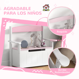 Baúl para Juguetes Infantil, Banco Almacenaje para Niños, con Respaldo y Tapa Amortiguadora, Carga 30 kg, para Salas de Juego, Dormitorio, 68,5x34x58 cm, Rosa y Blanco
