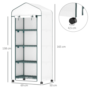 Invernadero de Exterior con 4 Estantes y Ruedas, Invernadero Pequeño con Puerta Enrollable, Marco de Acero y Cubierta de PE 140g/ãŽ¡, Anti-UV para Plantas, Macetas, Flores, 69x50x165 cm, Blanco