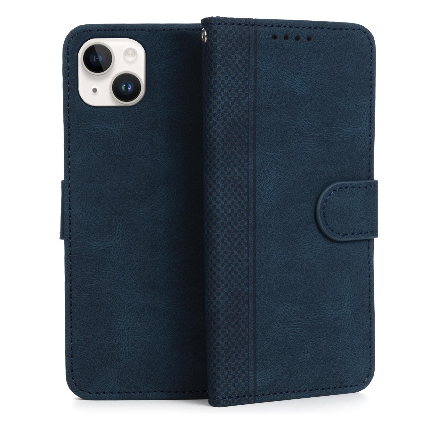 DAM Funda antigolpes tipo libro simil piel para iPhone 14 Plus. Tarjetero interior, muñequera extraíble. 8,56x1,67x16,76 Cm. Color: Azul Oscuro