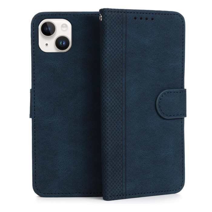 DAM Funda antigolpes tipo libro simil piel para iPhone 14 Plus. Tarjetero interior, muñequera extraíble. 8,56x1,67x16,76 Cm. Color: Azul Oscuro