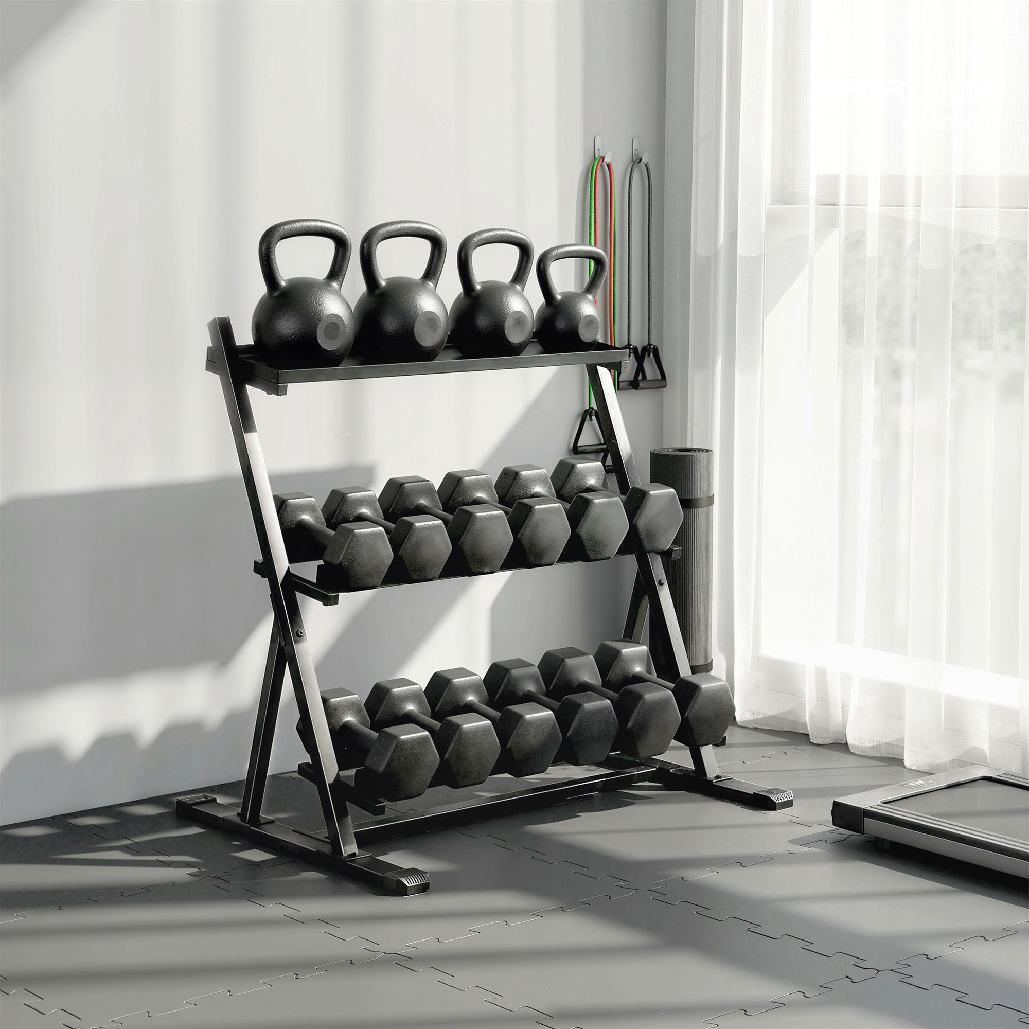 Soporte Mancuernas de 3 Niveles, Estante de Almacenamiento de Pesas de Acero con Barras Ajustables, para Entrenamiento en Gimnasio Casa, Carga 200 kg, 88x66x88 cm