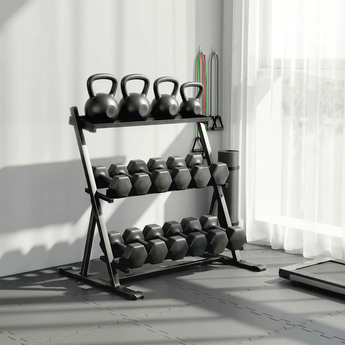 Soporte Mancuernas de 3 Niveles, Estante de Almacenamiento de Pesas de Acero con Barras Ajustables, para Entrenamiento en Gimnasio Casa, Carga 200 kg, 88x66x88 cm