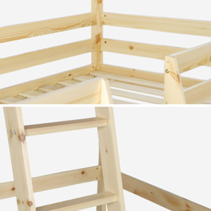 Lit enfant mezzanine cabane 90 x 190 cm pin naturel ROYA