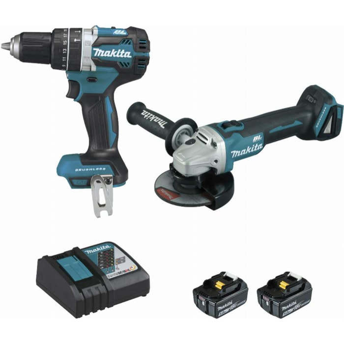 Juego de 2 máquinas 18 V Li-Ion 5 Ah MAKITA Amoladora DGA506 + Taladro DHP484 - 2 baterías, cargador, maletín - DLX2210TJ1