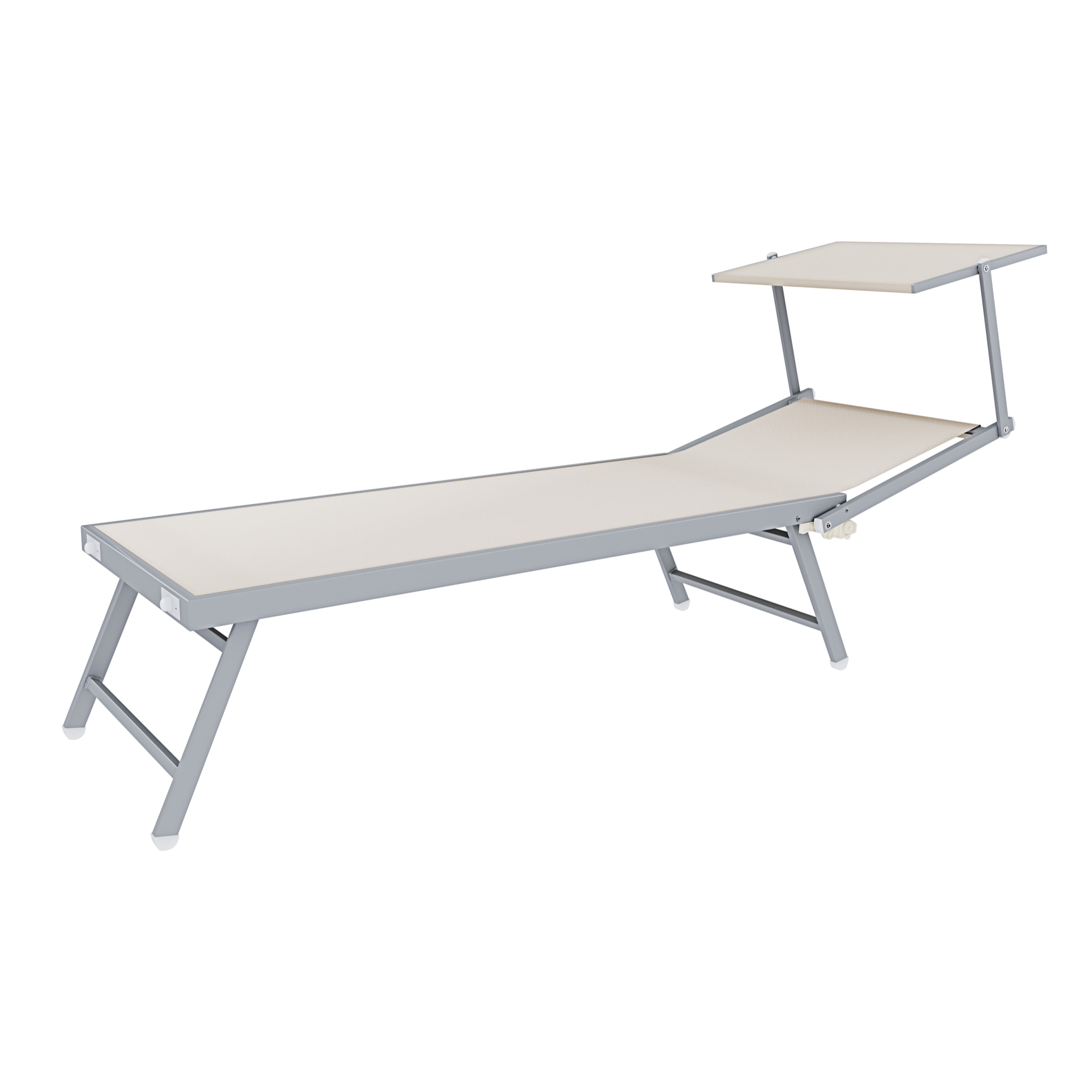 Coppia Di Lettini Prendisole Pieghevole Professionale in Alluminio e Tessuto Textilene Tettuccio Parasole Sdraio Mare Spiaggia 182x60x38 cm Beige