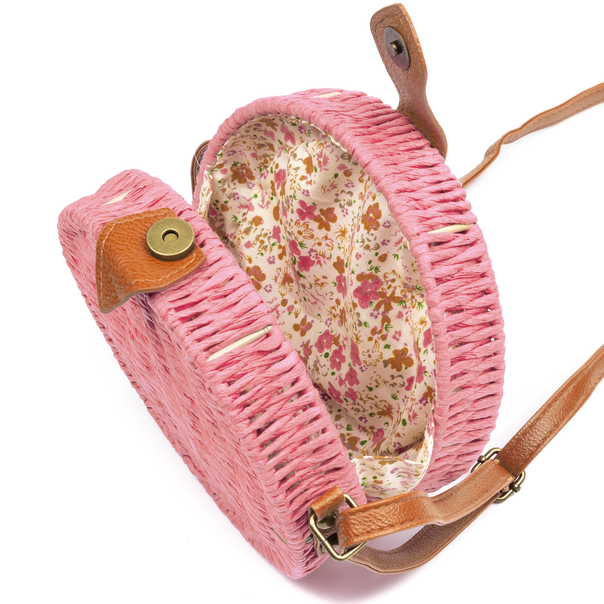 IRIA QUINTANA Borsa a tracolla da donna Cuneo. Tessuto Paglia Pelle Sintetica PU 18x4x18 Cm. Colore: rosa chiaro