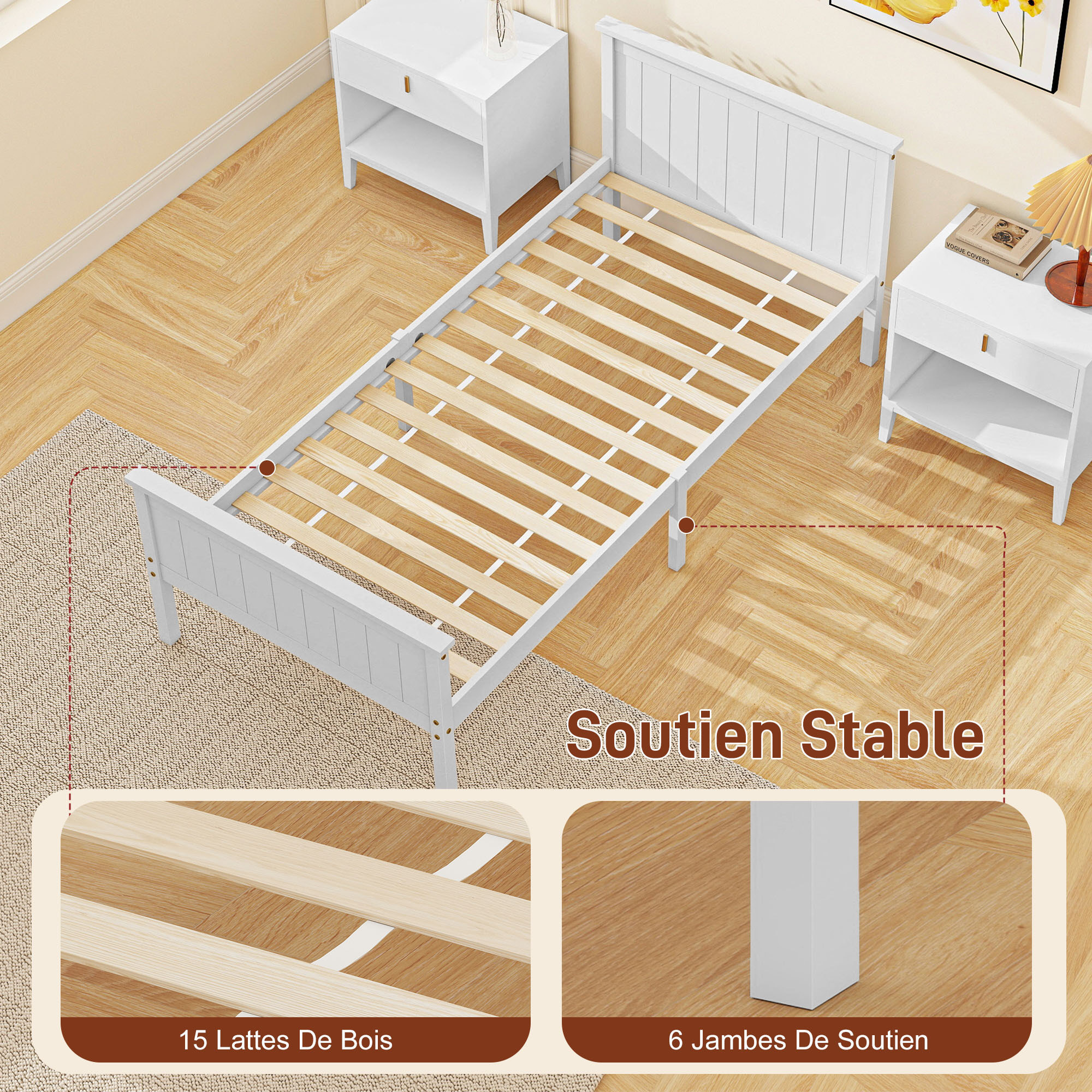 Lit simple bois de pin blanc rainuré - tête de lit, pied de lit et sommier - 210L x 98l x 82H cm - compatible matelas 200L x 140l cm