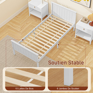 Lit simple bois de pin blanc rainuré - tête de lit, pied de lit et sommier - 210L x 98l x 82H cm - compatible matelas 200L x 140l cm