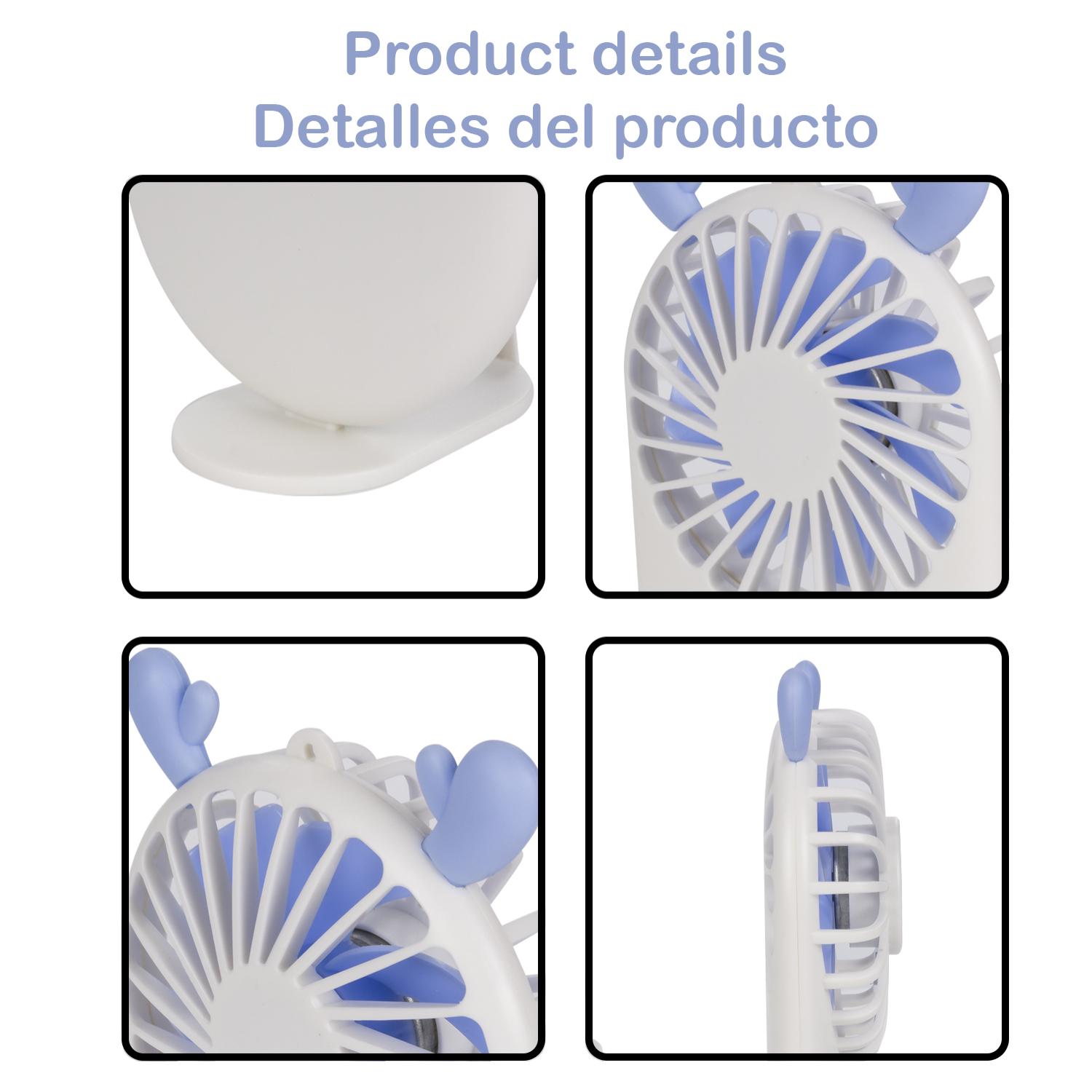 Mini ventilador portátil con batería de 800mAh. Soporte stand para mesa.