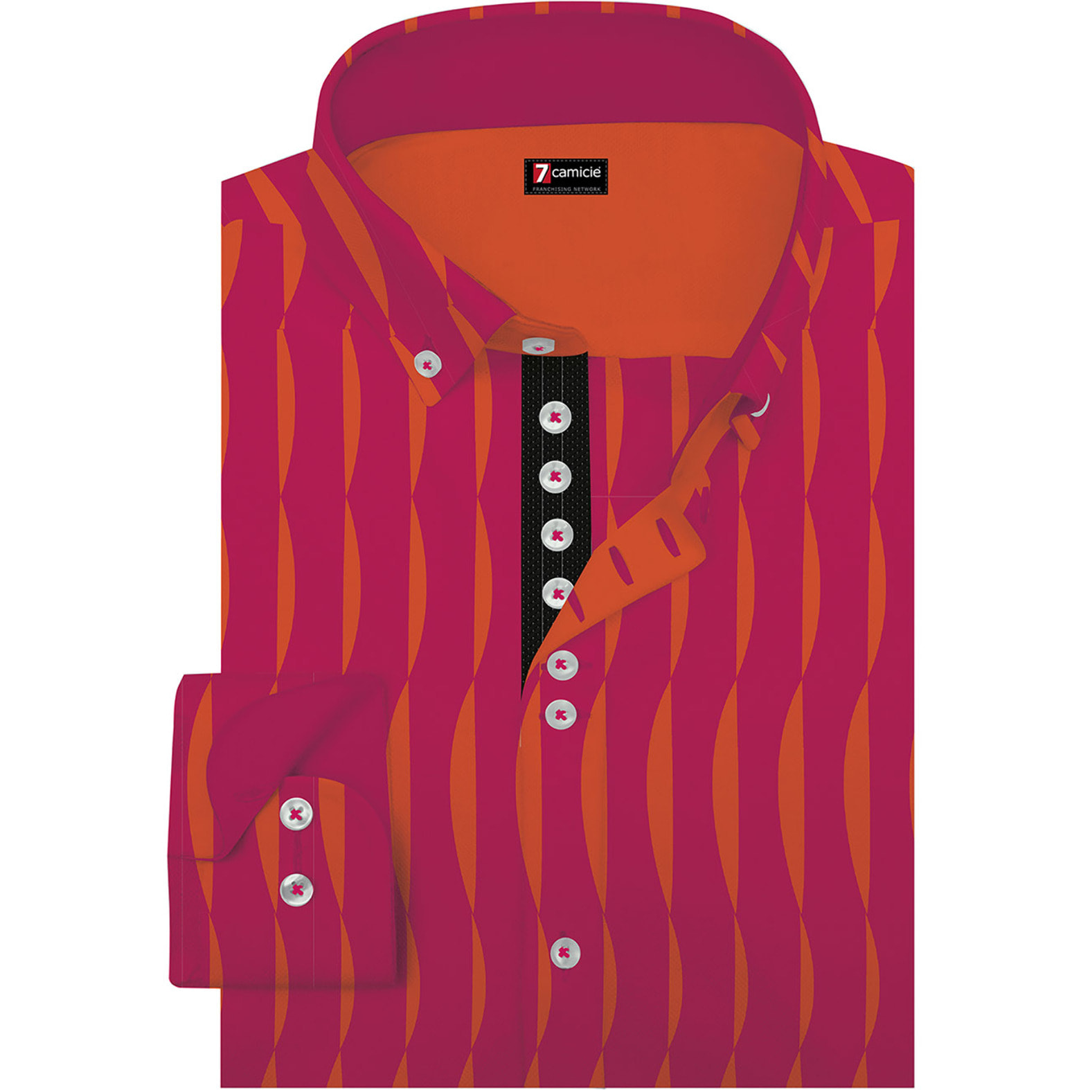 Camicia Uomo 1 Bottoni Button Down Slim Popeline Stampato Fucsia e Arancio