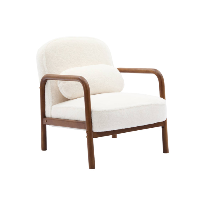 Fauteuil scandinave bois d'hévéa teinté noyer clair et tissu fausse fourrure