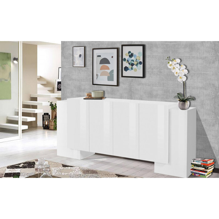 Credenza moderna a 6 ante, Made in Italy, Madia da cucina, Buffet di design da soggiorno, cm 210x45h85, colore Bianco lucido