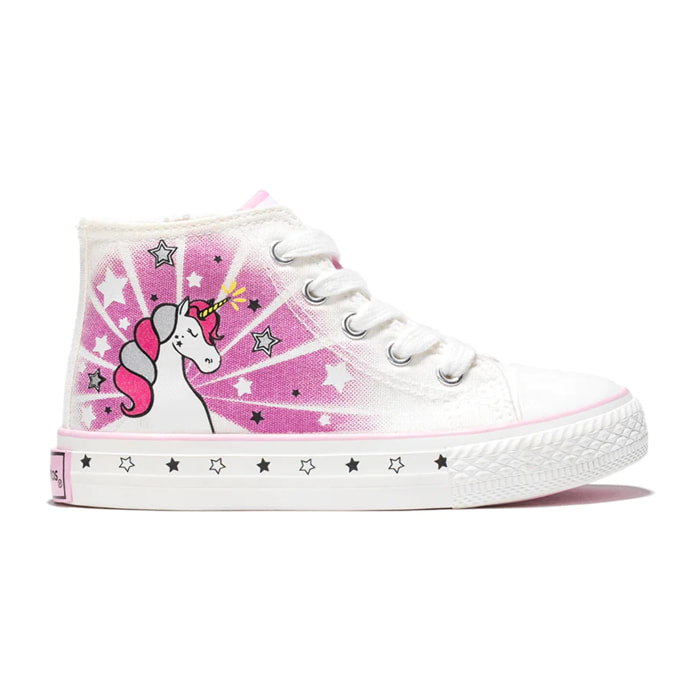 Zapatillas Altas de Niña de Lona con Estampado de Unicornio en Blanco