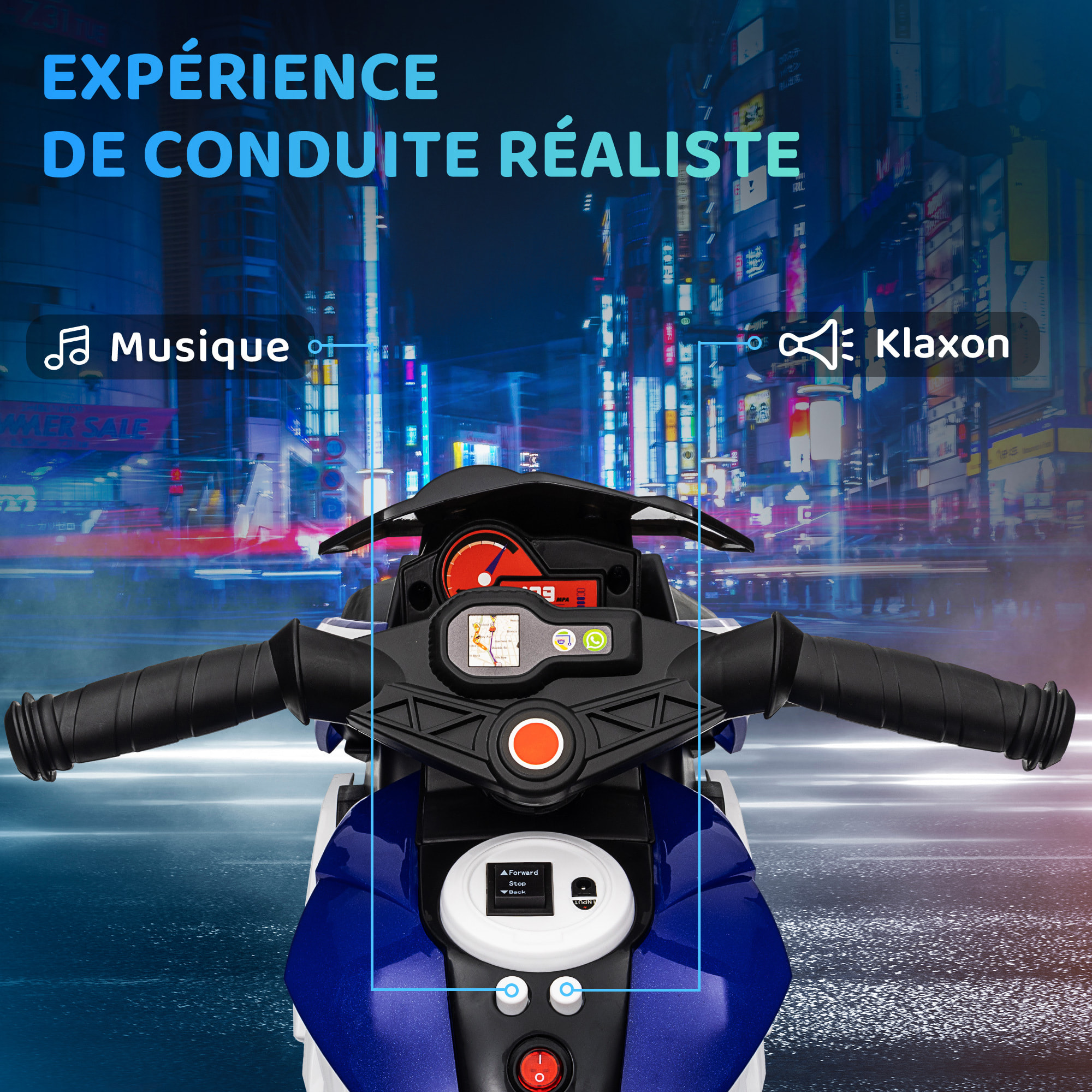 Moto électrique pour enfants 3 roues 6 V 3 Km/h effets lumineux et sonores bleu
