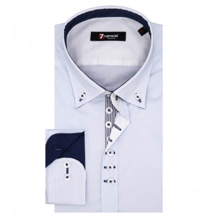 Camicia Uomo 1 Bottoni Button Down Slim Popeline Stretch Unito Celeste