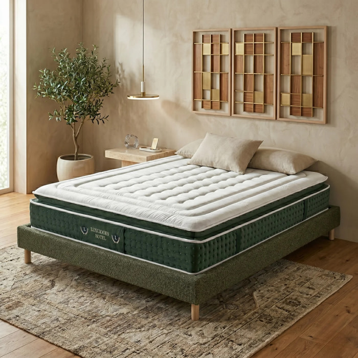 Ensemble matelas Jade & sommier Cancun | Mémoire de forme et ressorts ensachés | Cadre à lattes | Bouclette | Olive