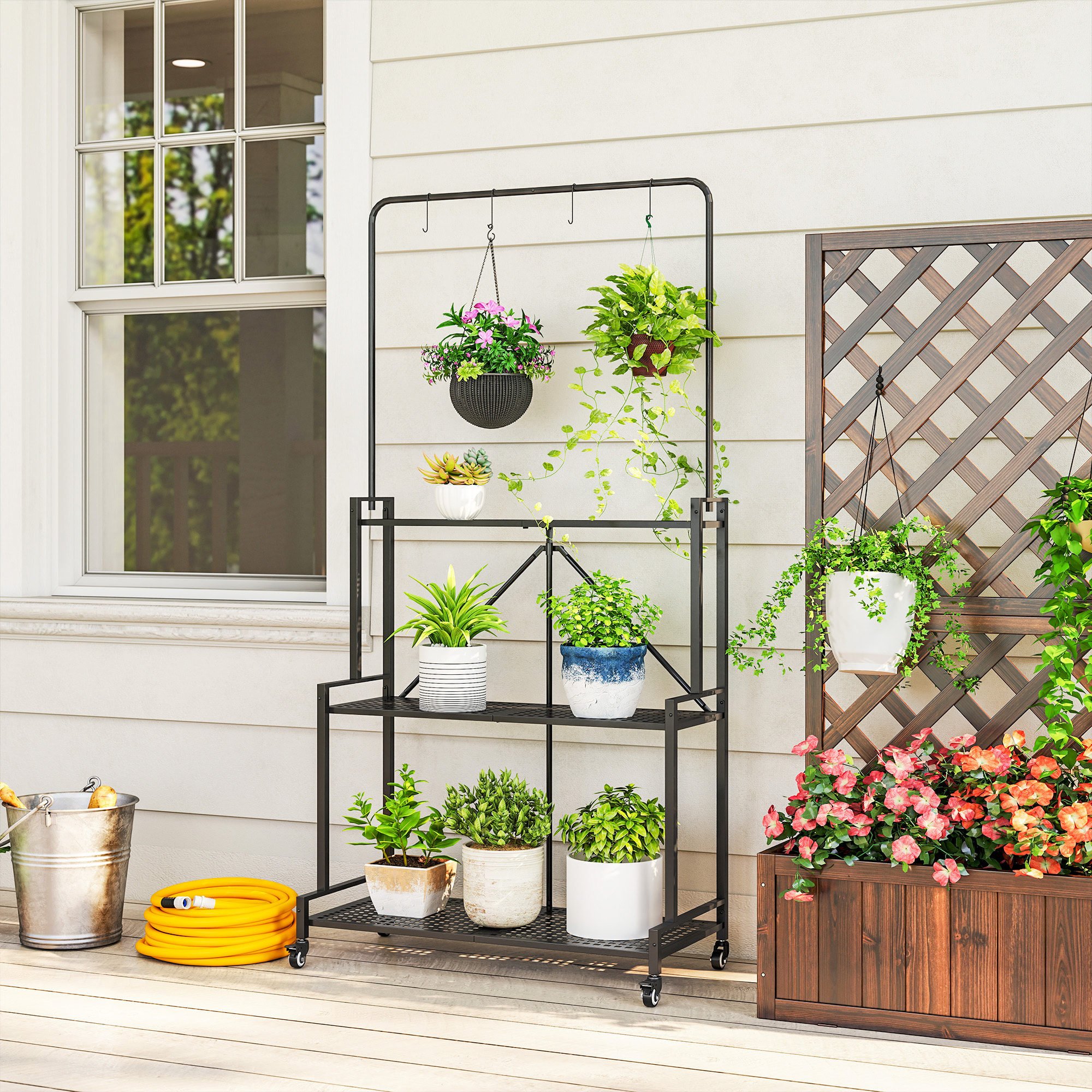 Étagère pour plantes pliable mobile 3 niveaux métal noir