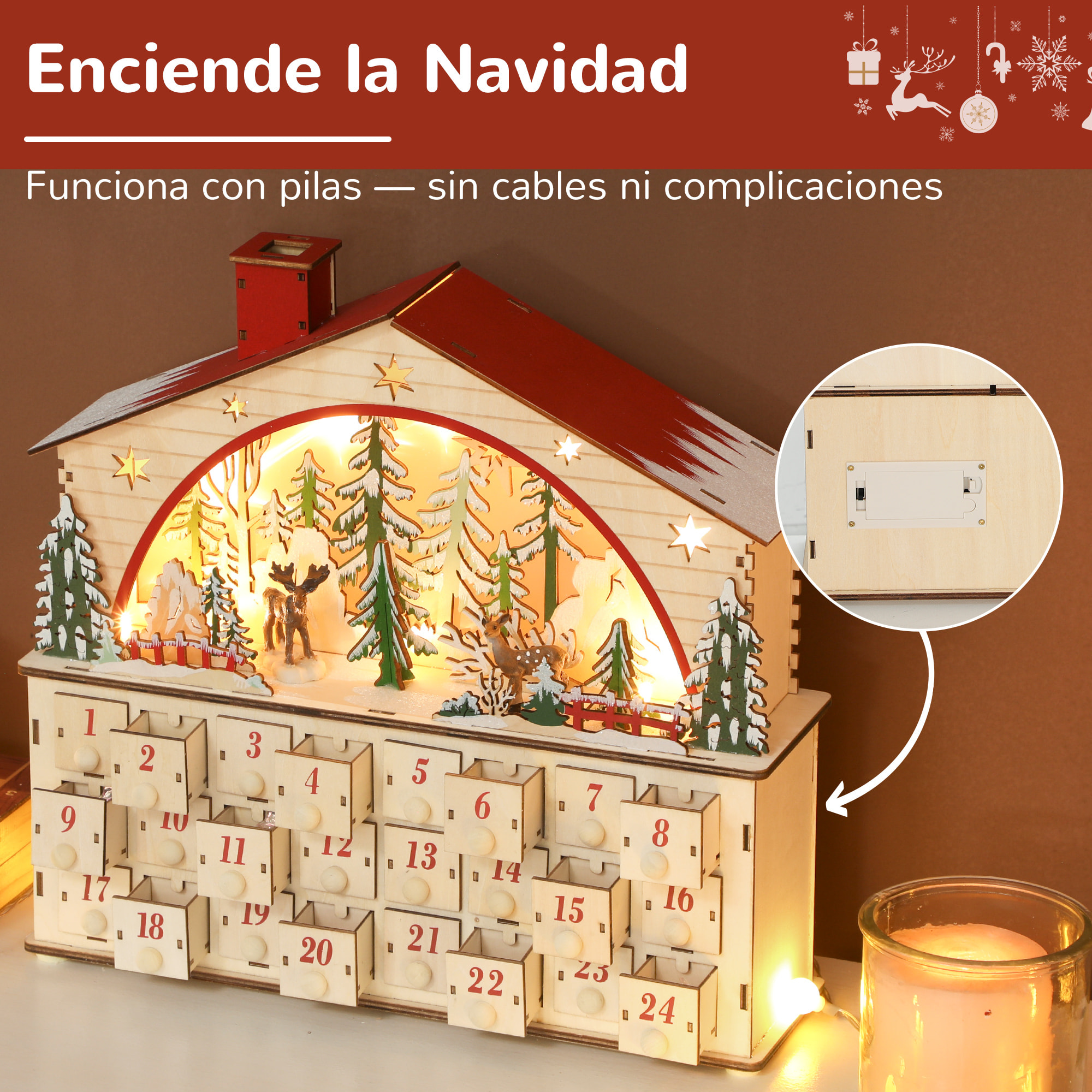 Calendario de Adviento para Rellenar de Madera, con Luces LED y 24 Cajones, Calendario de Adviento de Navidad Reutilizable con Escena de Pueblo, Decoración Navideña, 36x10x34 cm, Natural