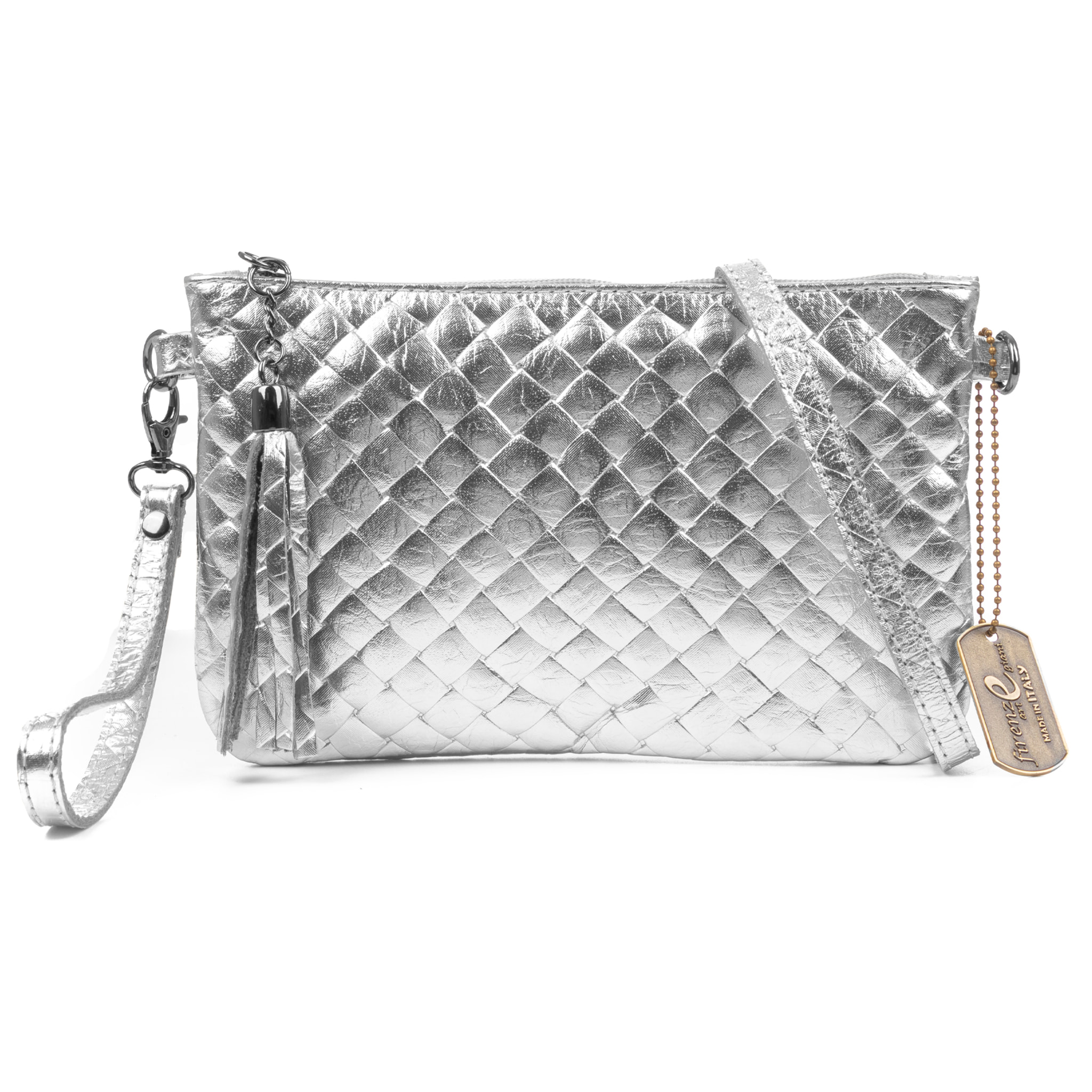 Oleggio bolso bandolera mujer. Piel auténtica Gamuza con grabado entrelazado y lacada brillante.