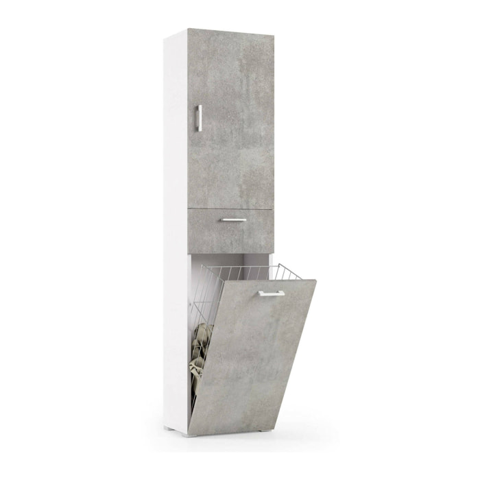 Armadio multiuso Aryanne, Mobile lavanderia lineare a 2 Ante, Colona da bagno con cestello portabiancheria, 100% Made in Italy, 45x32h195 cm, Cemento e Bianco