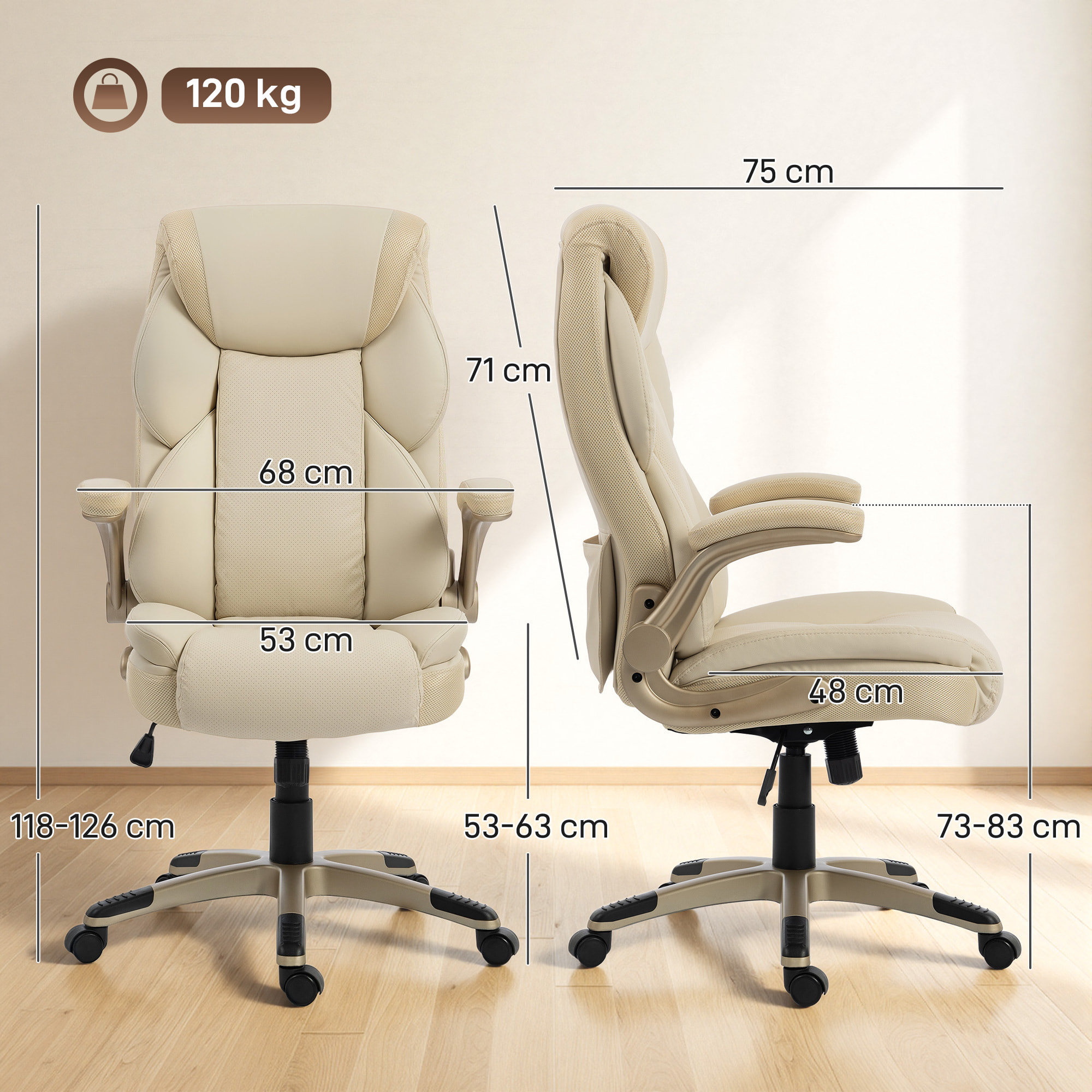Silla de Oficina con Masaje Vibratorio de 4 Puntos y Calor Lumbar, Silla de Escritorio Giratoria de PU con Brazos Abatibles, Respaldo Alto, Altura Ajustable, Función de Basculante, Crema