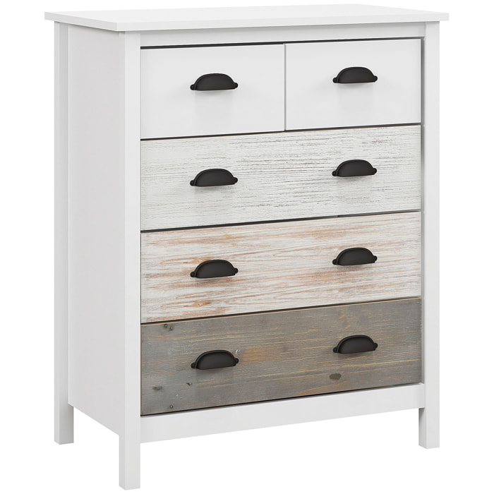 Commode 5 tiroirs style  shabby chic - poignées coquille métal noir - 70 x 38 x 85 cm - blanc effet bois