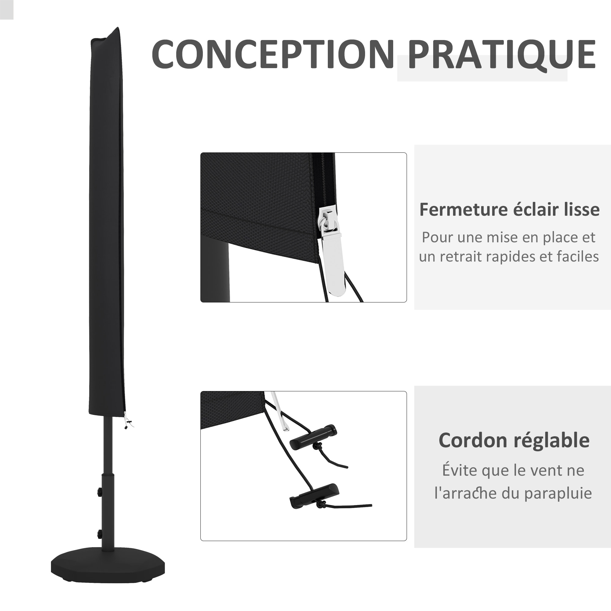 Housse de protection imperméable pour parasol droit avec fermeture éclair et cordon de serrage gris