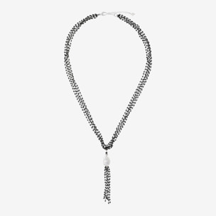 Collana Lunga Multifilo a Cravatta in Argento 925 placcato Oro Bianco 18Kt con Spinelli Neri e Perla Scaramazza d'Acqua Dolce 26x16 mm