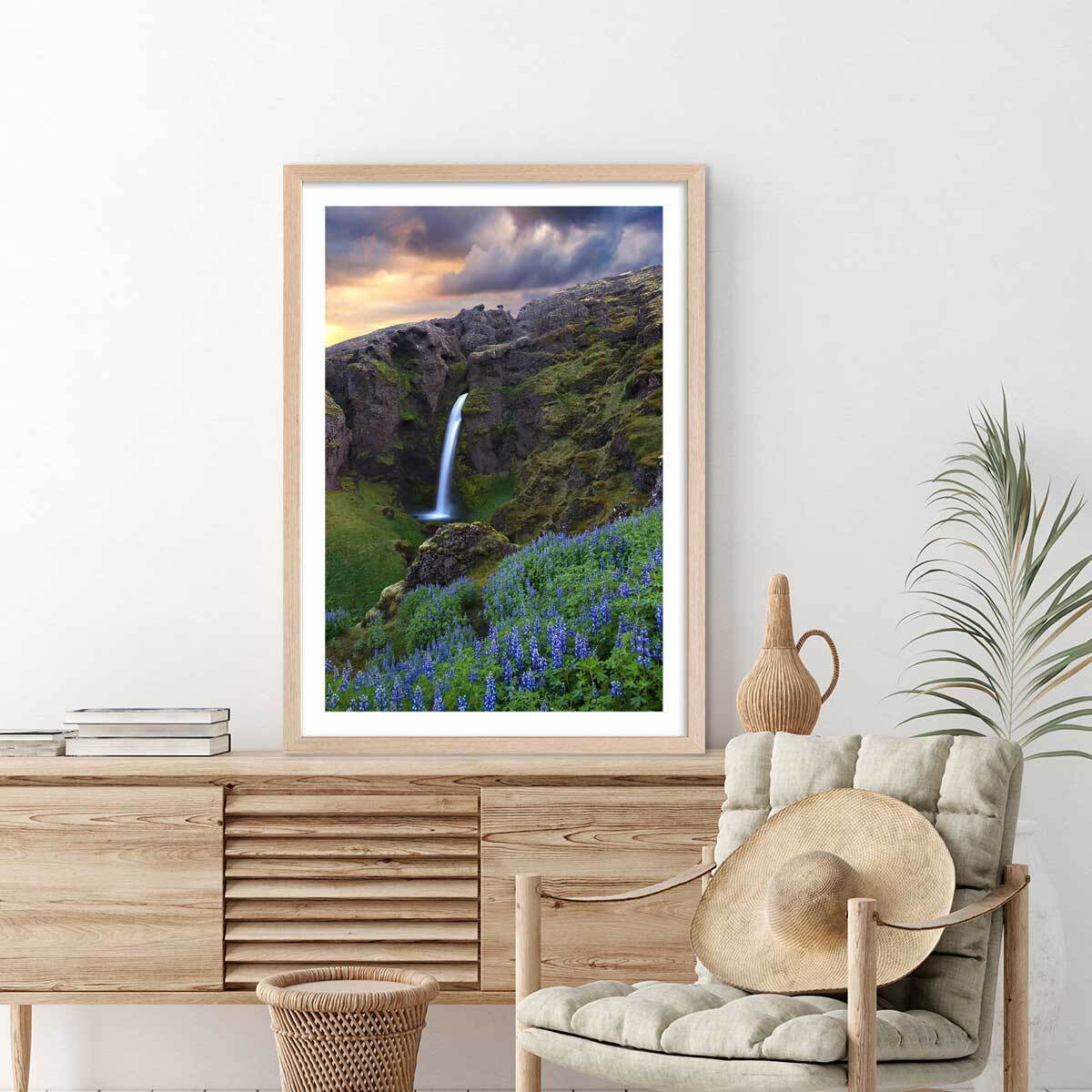 Affiche paysage voyage en islande Affiche + cadre en bois - Chêne