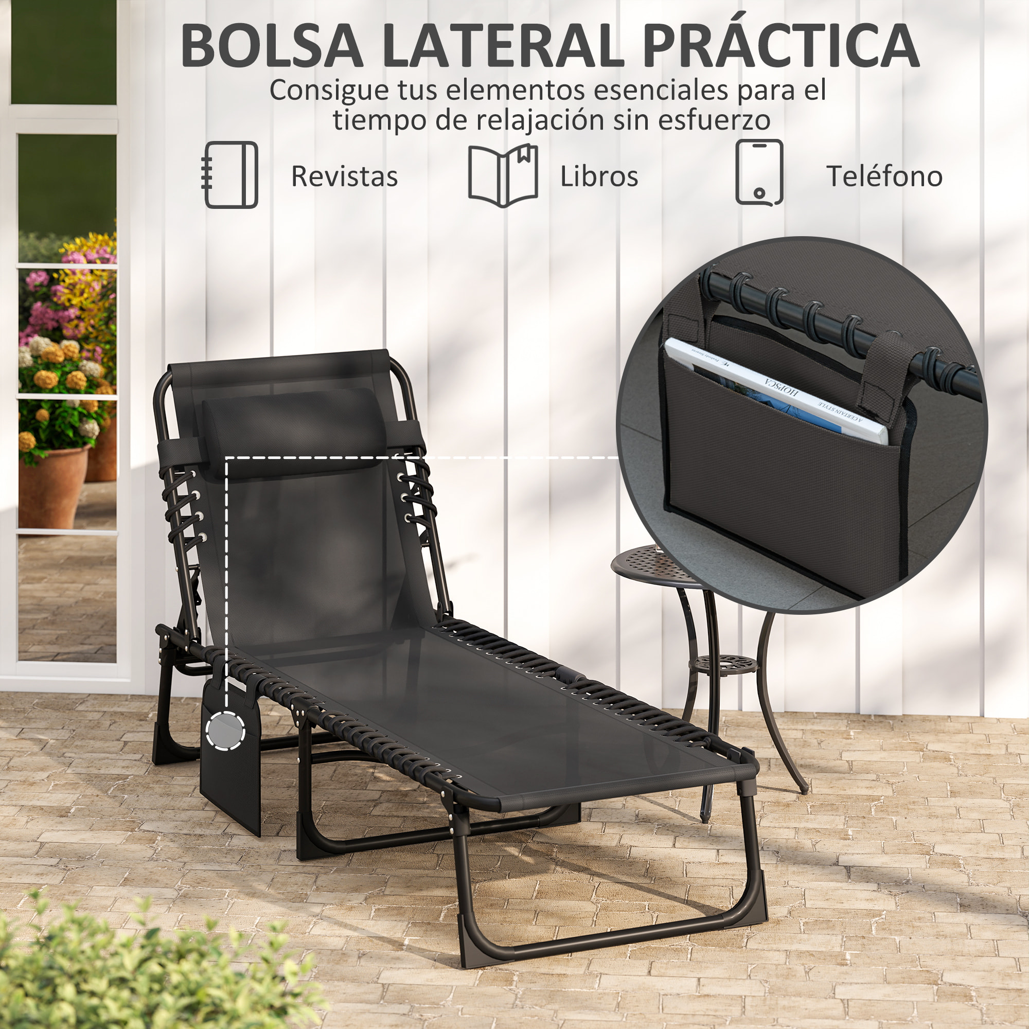 Tumbona Plegable, Tumbona Jardín Exterior Reclinable 5 Posiciones, con Reposacabezas Acolchado, Bolsillo Lateral y Estructura de Acero, para Terraza, Piscina, 189x58x30 cm, Negro
