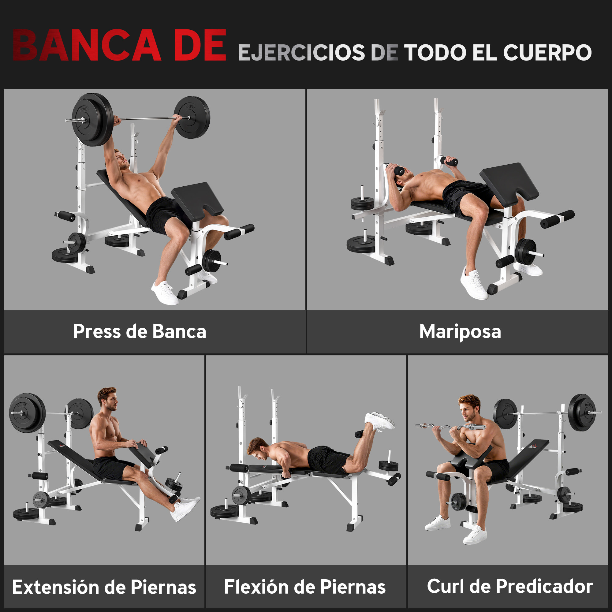Banco de Musculación Multifuncional Inclinable, Banco de Pesas, Press Banca con Soporte para Barra Ajustable, Extensión de Piernas, Curl de Predicador, Mariposa, Entrenamiento en Casa, Gimnasio