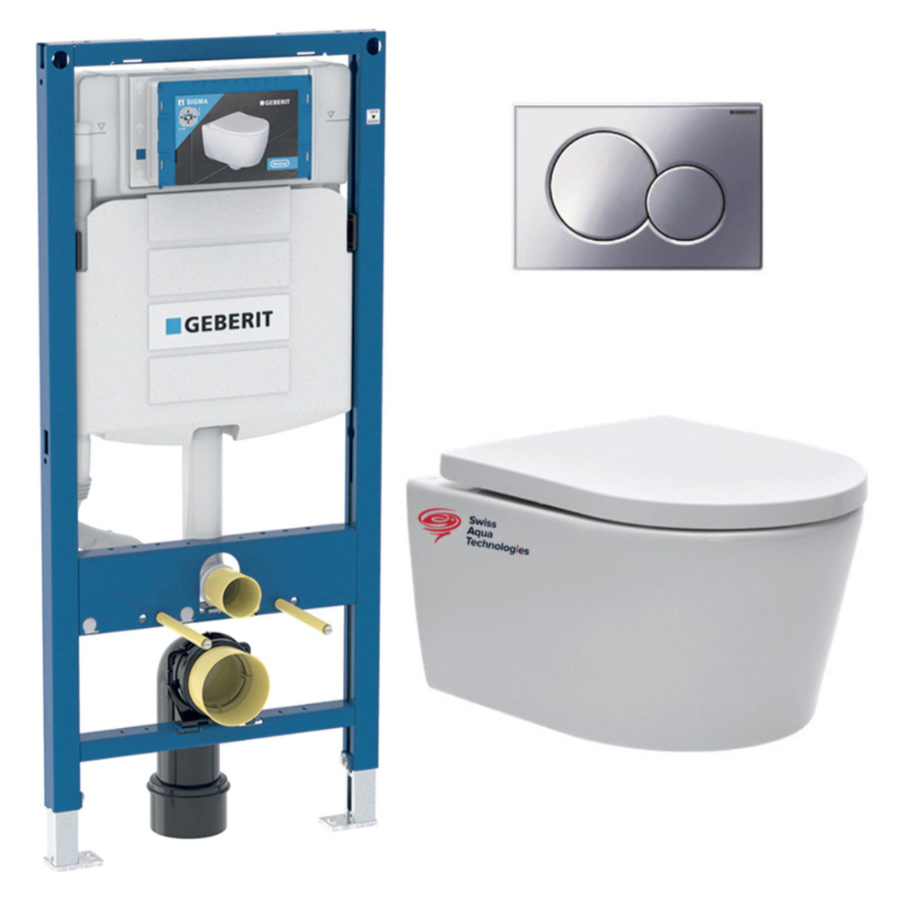 Pack WC bâti-support Geberit + WC sans bride Swiss Aqua Technologies + abattant SoftClose + plaque chrome (GebSATrimless-N)