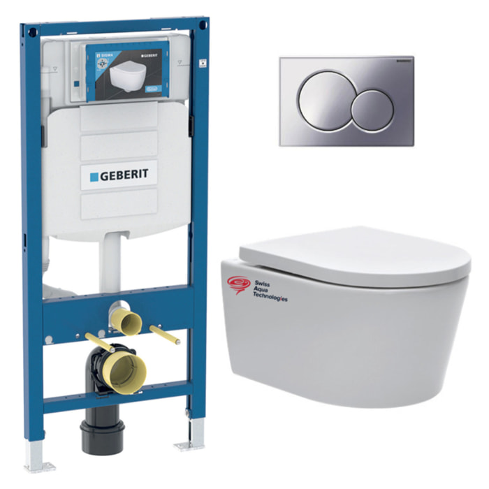 Pack WC bâti-support Geberit + WC sans bride Swiss Aqua Technologies + abattant SoftClose + plaque chrome (GebSATrimless-N)