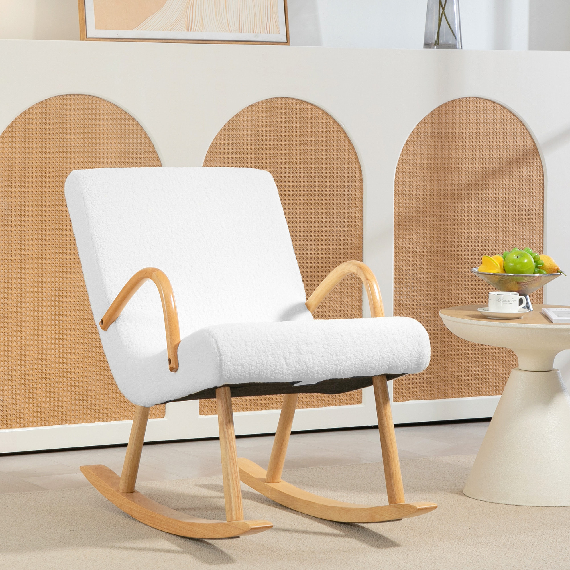 Silla Mecedora Moderna Mecedora de Salón con Reposabrazos y Patas de Madera Carga 120kg Sillón de Relax para Dormitorio Balcón 60x93x86 cm Blanco