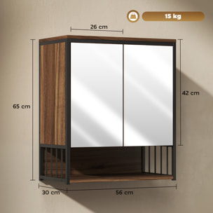 Armoire miroir murale salle de bain 2 portes design - étagère, niche - métal noir effet bois noyer