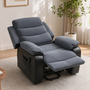 Sillón Relax Reclinable Eléctrico Levanta Personas Mayores, Sillón Elevador, con Puerto USB, Asiento Ancho 60 cm, Control Remoto, Reposapiés, Tapizado en Pana y Cuero, Bolsillos, Gris Oscuro